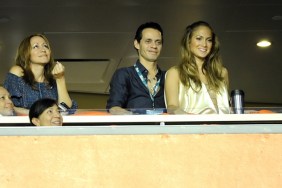 Jennifer Lopez, silk champagne color blouse, cream color top, necklaces, beaded neckline, Marc Anthony